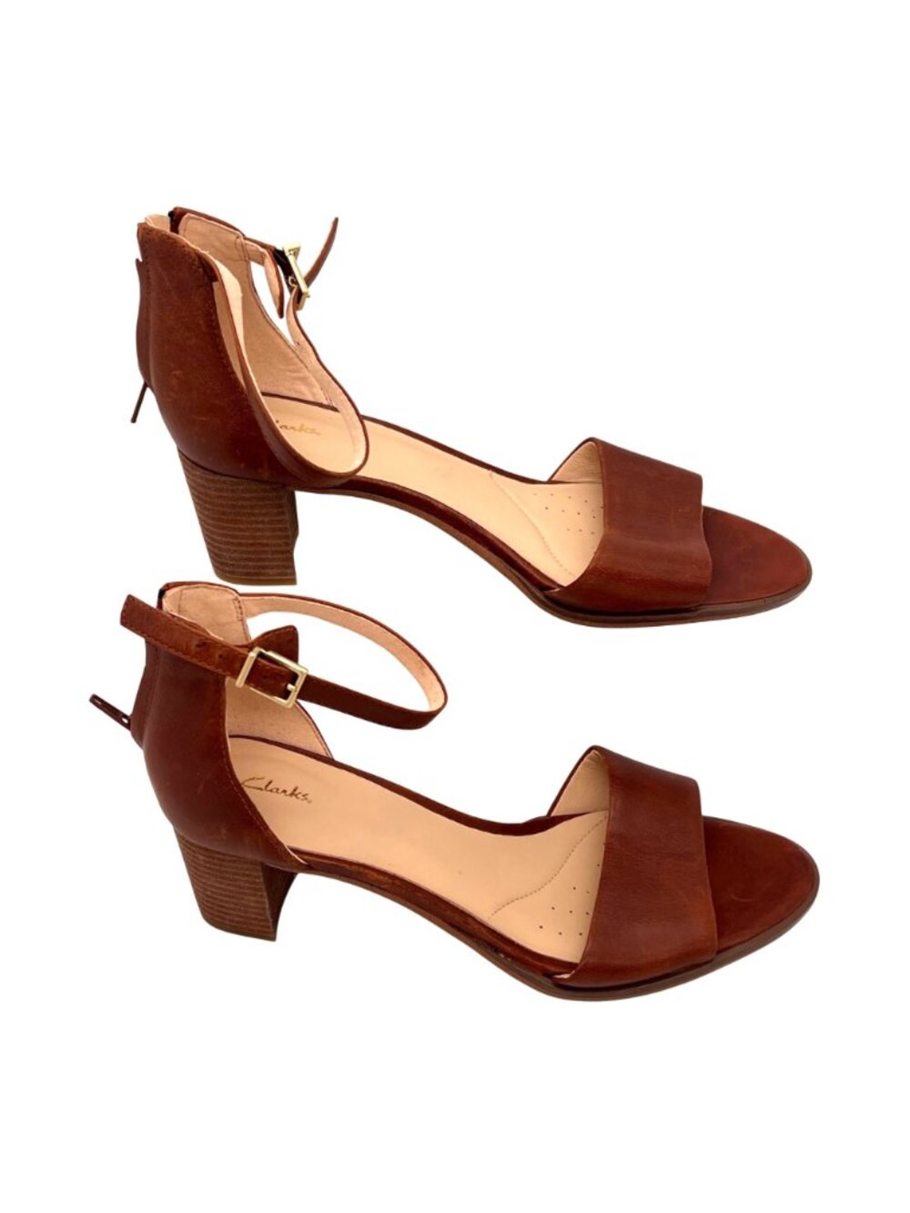 Clarks Brown Leather Ankle Strap Sandals Womens Size 9 Block Heel Open Toe Tan - Picture 2 of 13